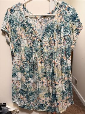 Sonoma V-Neck Short Sleeve Tunic in Teal, Cream & Yellow Accent